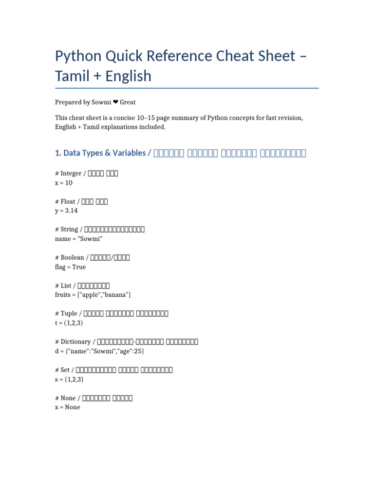 Python Quick Reference Cheat Sheet Sowmi | PDF
