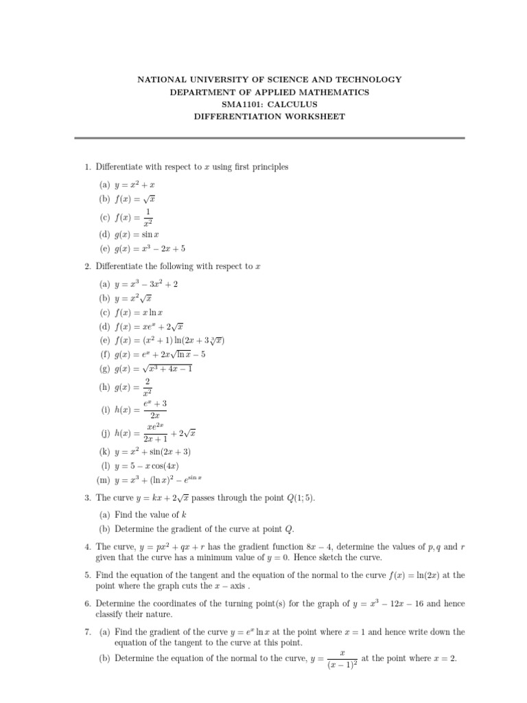 Calculus Differentiation Worksheet | PDF | Tangent | Equations