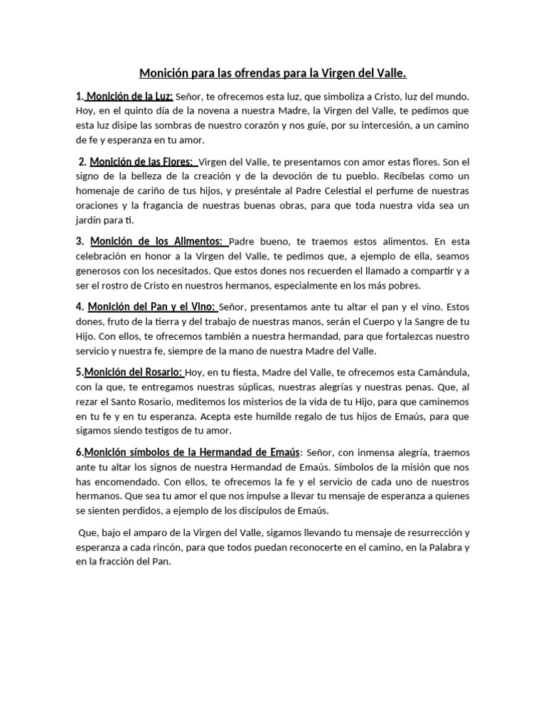 Monición de Ofrendas a la Virgen del Valle | PDF | eucaristía | María ...