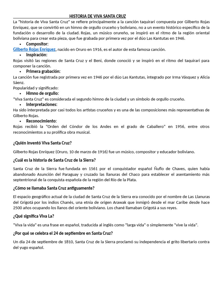 Historia y letra de "Viva Santa Cruz" | PDF | Bolivia
