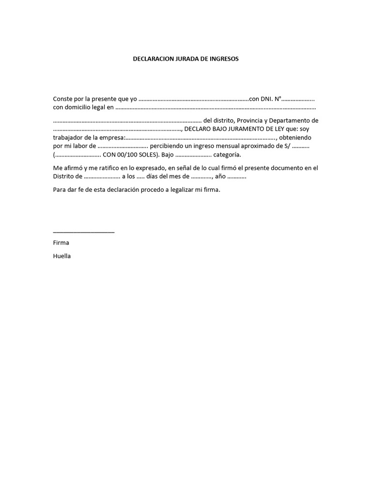 Declaración Jurada de Ingresos Mensuales | PDF