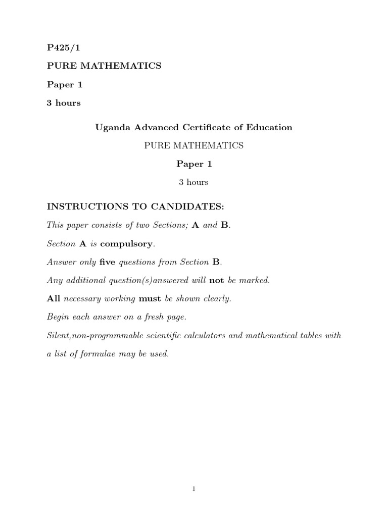 Uganda A-Level Pure Mathematics Paper 1 | PDF | Equations | Elementary ...