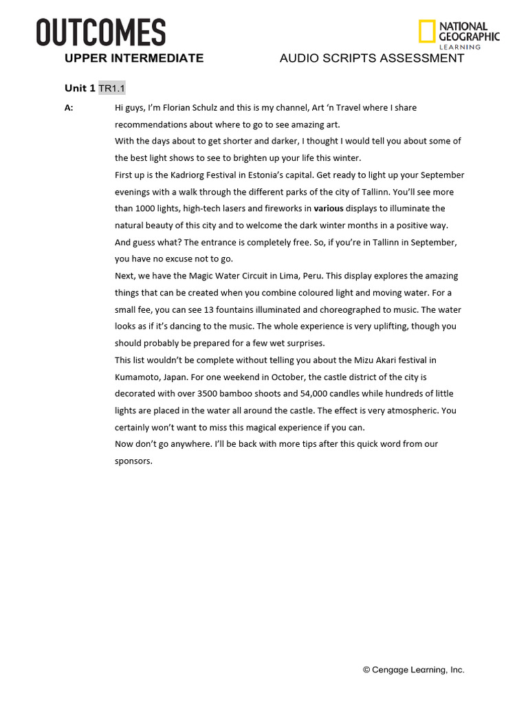 Outcomes3e UpperIntermediate Assessment Test Audio Scripts PDF Units01 ...