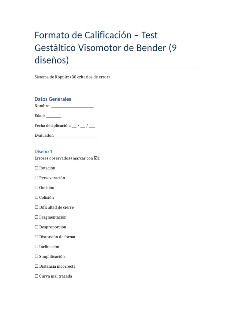Formato de Calificación Test Bender | PDF | Geometría