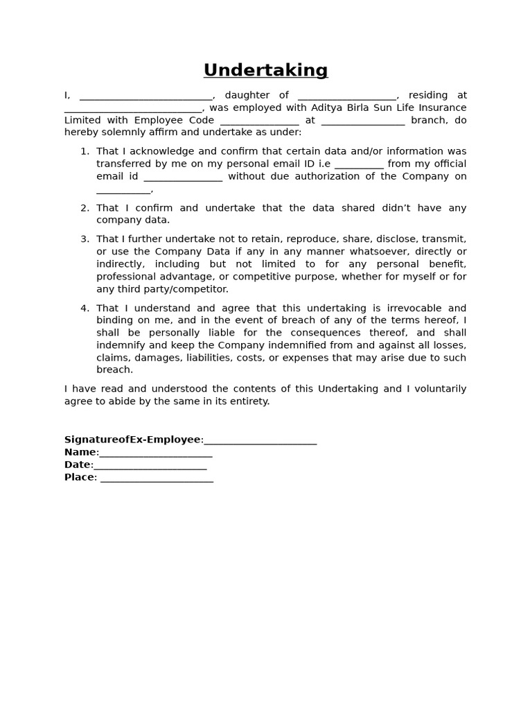 Employee Data Transfer Undertaking | PDF