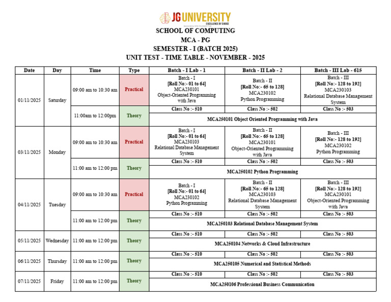 MCA 1st Semester Exam Schedule 2025 | PDF | Object Oriented Programming ...