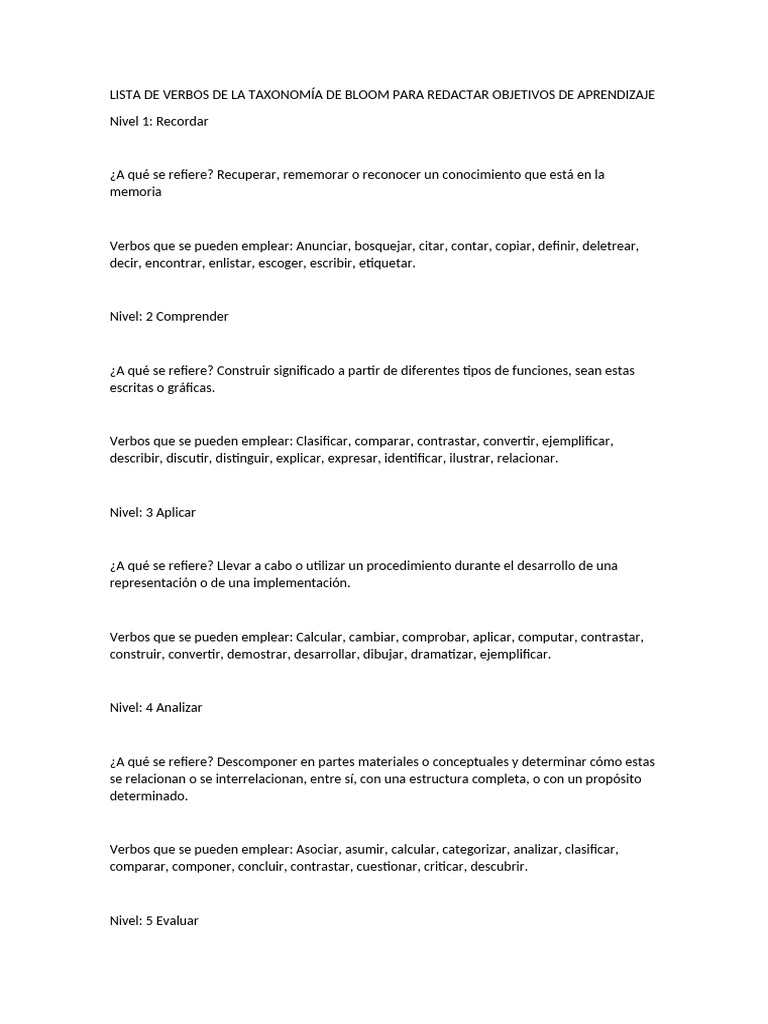 Verbos de la Taxonomía de Bloom para Objetivos | PDF | Aprendizaje ...