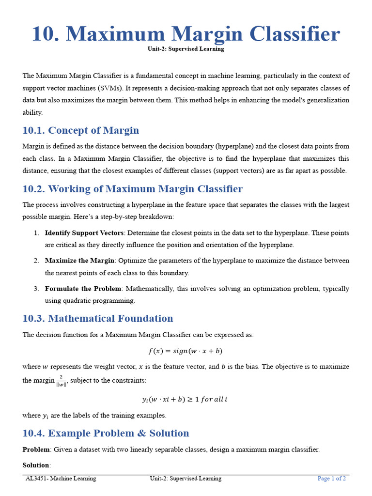 10.maximum Margin Classifier | PDF | Support Vector Machine | Applied ...