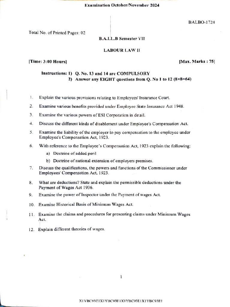 Labour Law Exam Guide: ESI & Wages | PDF