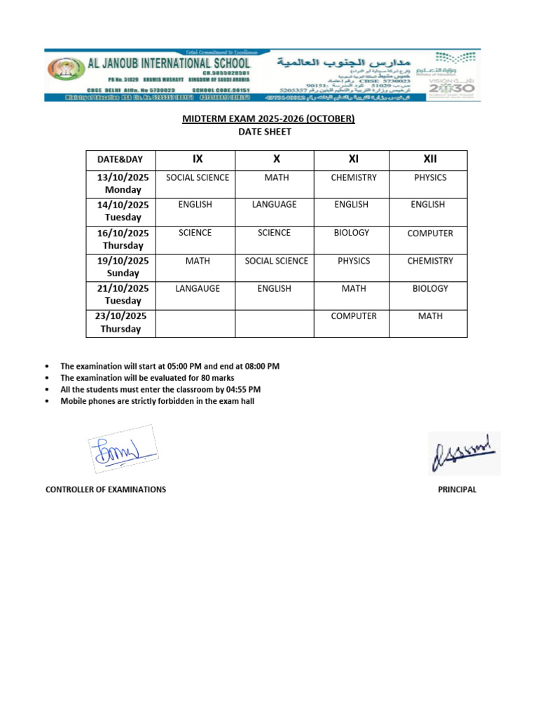 Midterm Exam Schedule October 2025 | PDF