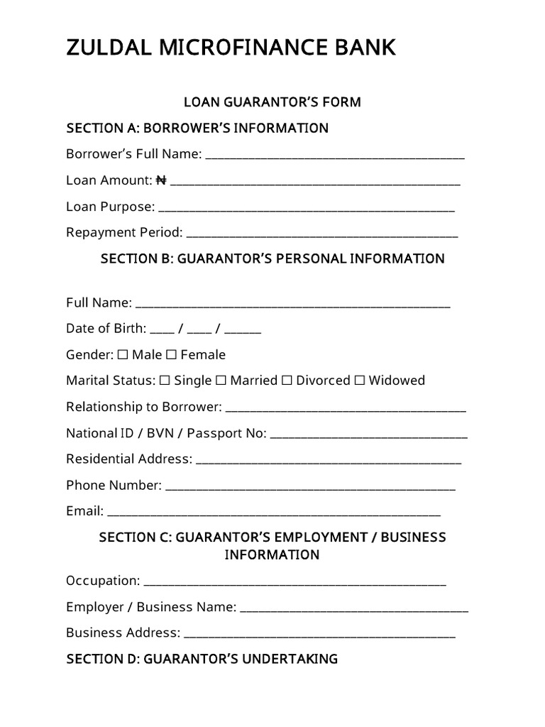 Zuldal Microfinance Loan Guarantor Form | PDF