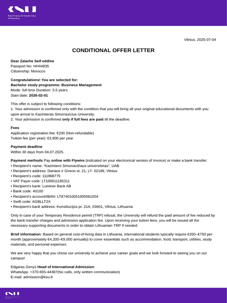 Conditional Offer for Business Management | PDF