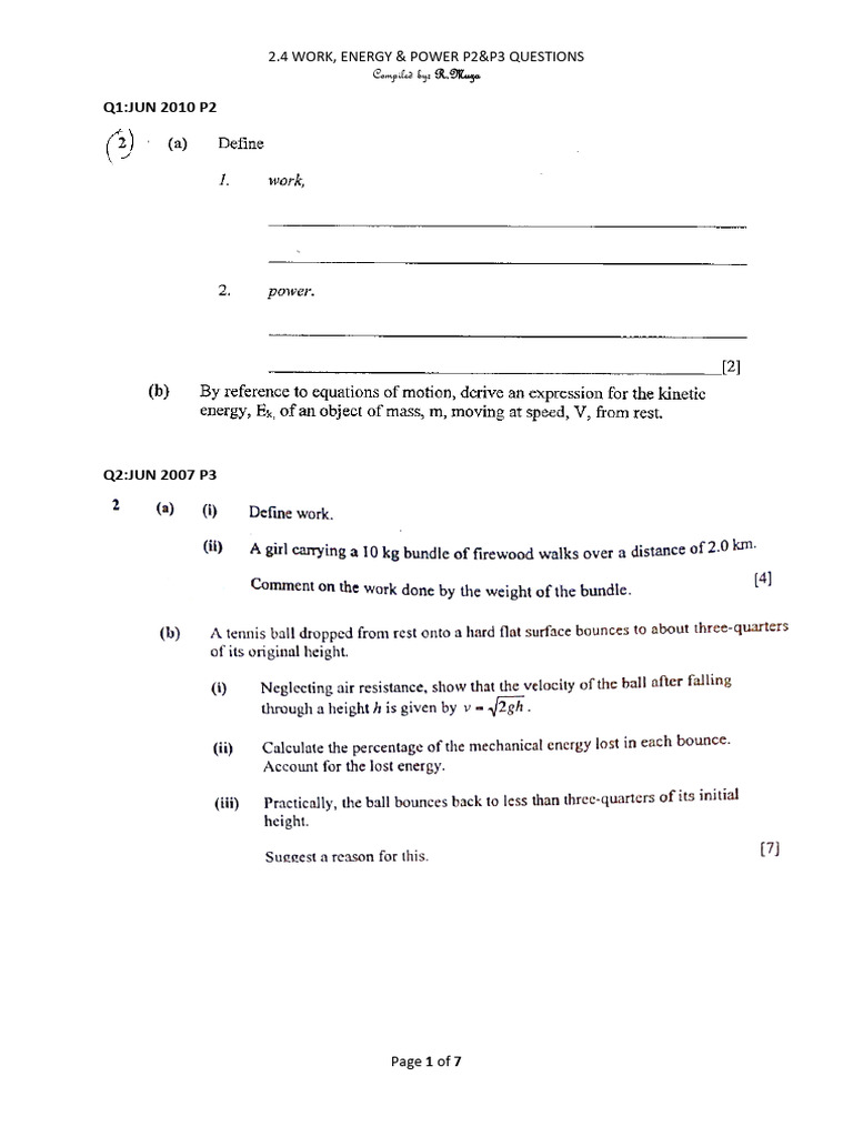 Work, Energy & Power Exam Questions | PDF