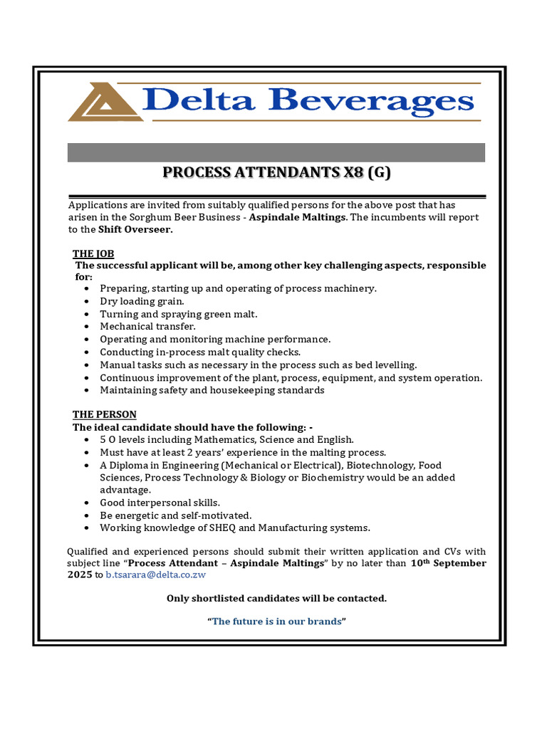 Advert - Process Attendants x8 Aspindale Maltings 04.09.2025 | PDF