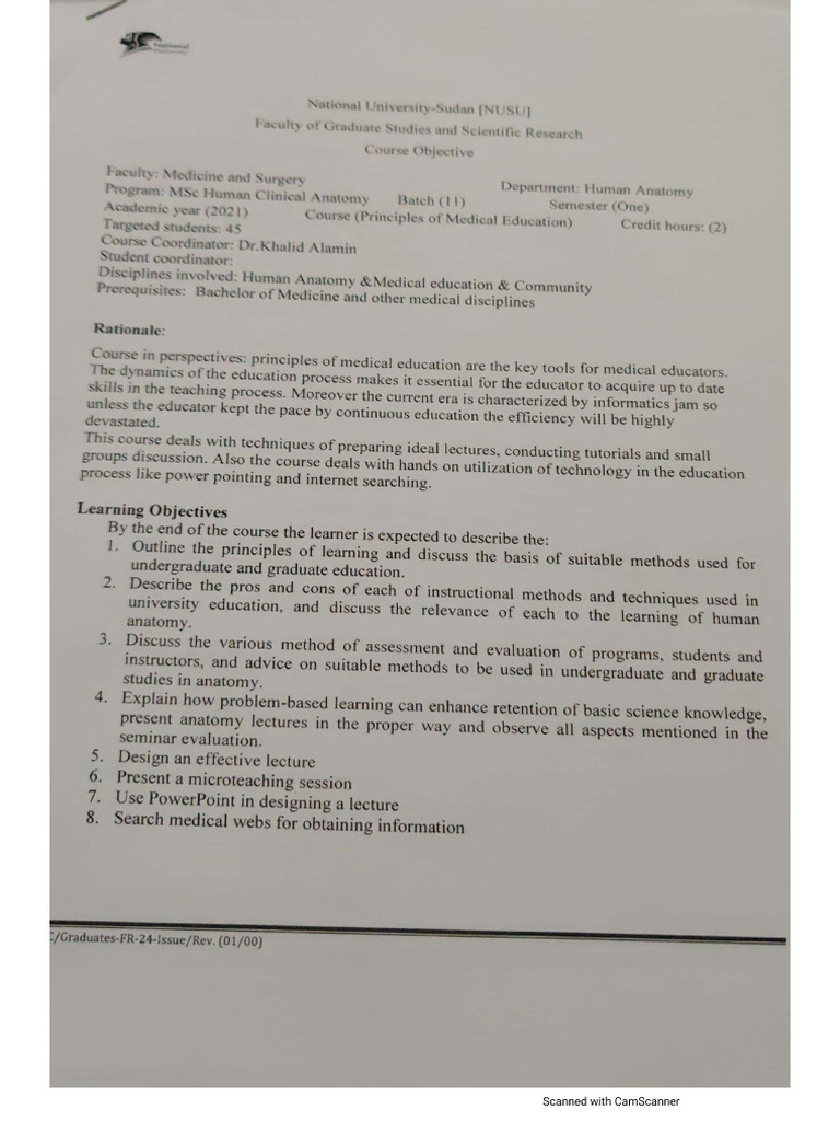 Medical Education Course Objectives | PDF