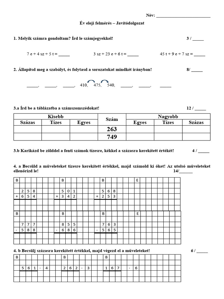 Év Eleji Felmérés - Matematika | PDF