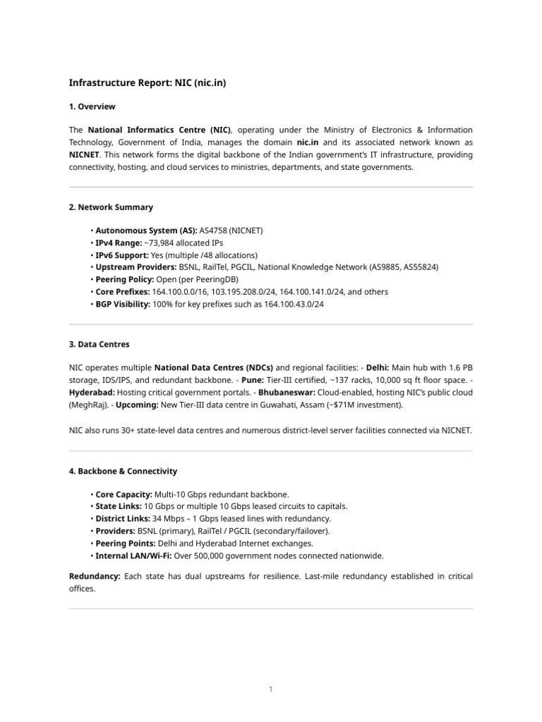NIC Infrastructure Report Overview | PDF | I Pv6 | Ip Address