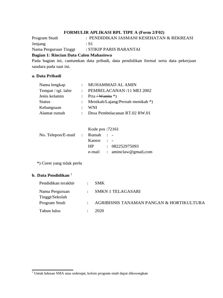 Formulir Aplikasi RPL TIPE A S1 | PDF