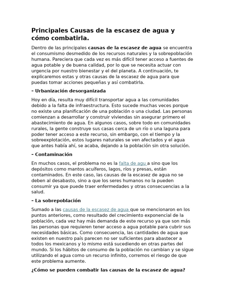 Causas y soluciones a la escasez de agua | PDF | Agua | Escasez de agua
