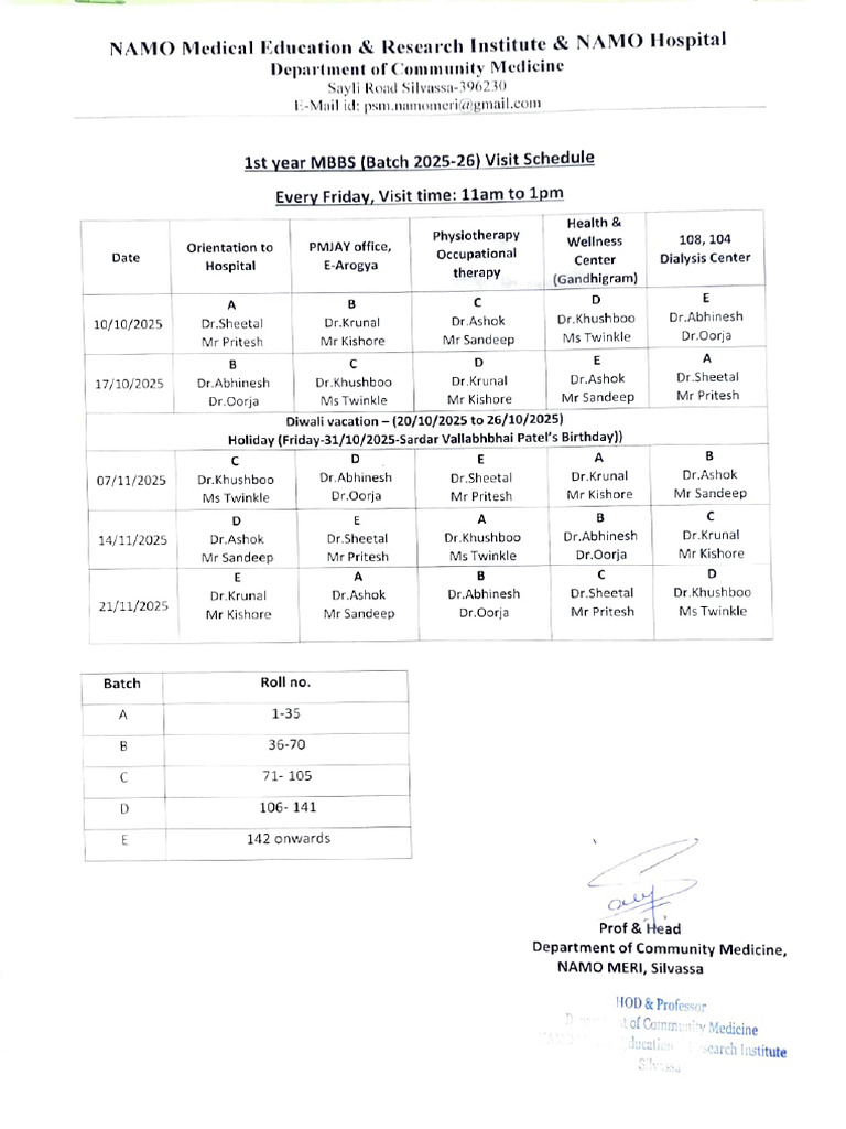 1st Year MBBS Visit Schedule 2025-26 | PDF