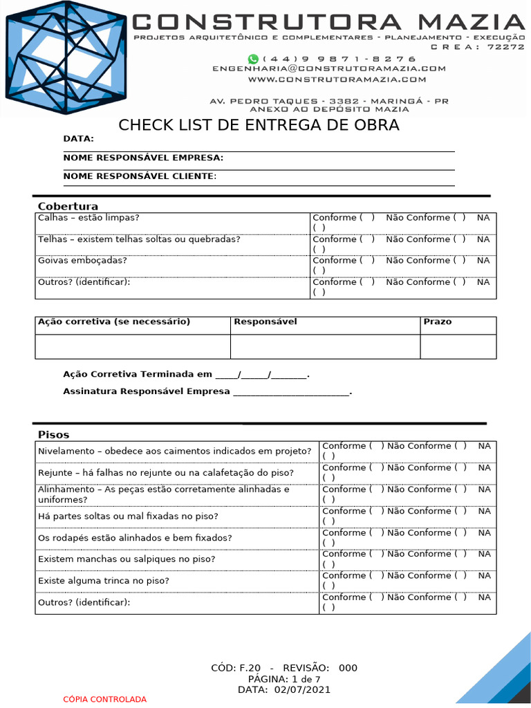 Check List de Entrega de Obra Completo | PDF