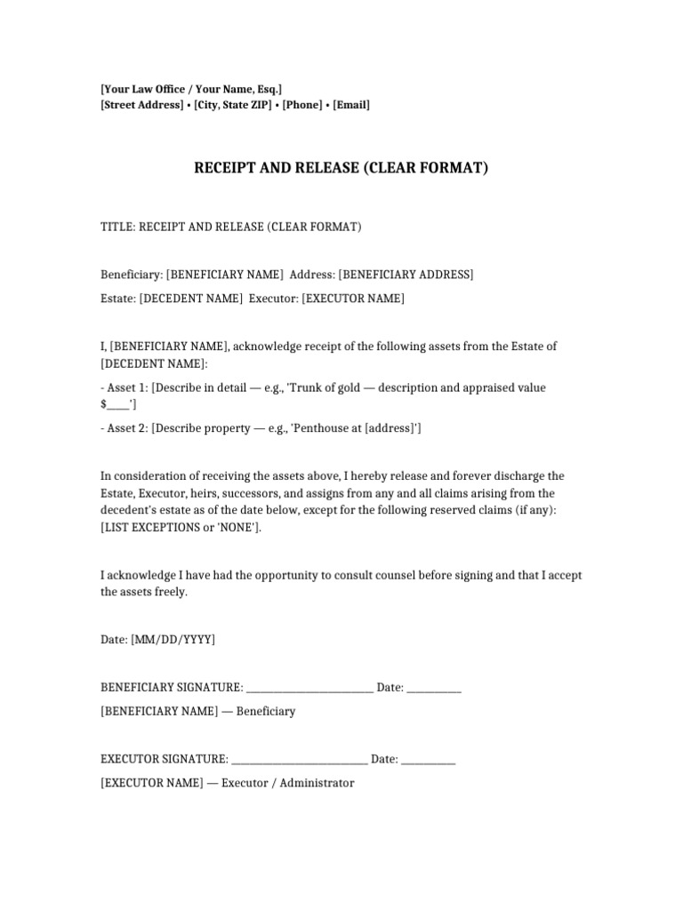 Estate Receipt and Release Form Template | PDF