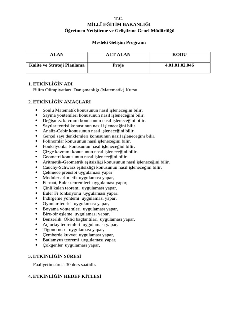 4.01.01.02.046 Bilim Olimpiyatları Danışmanlığı (Matematik) Kursu | PDF