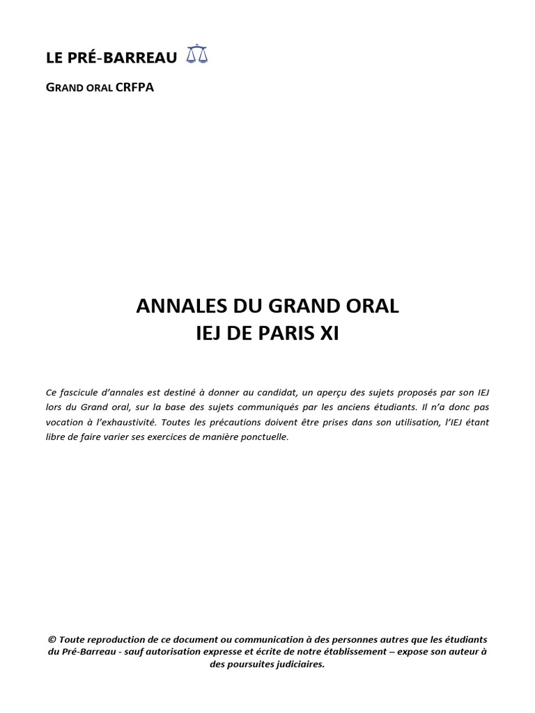 Annales Grand Oral CRFPA 2024 | PDF | Convention européenne des droits ...