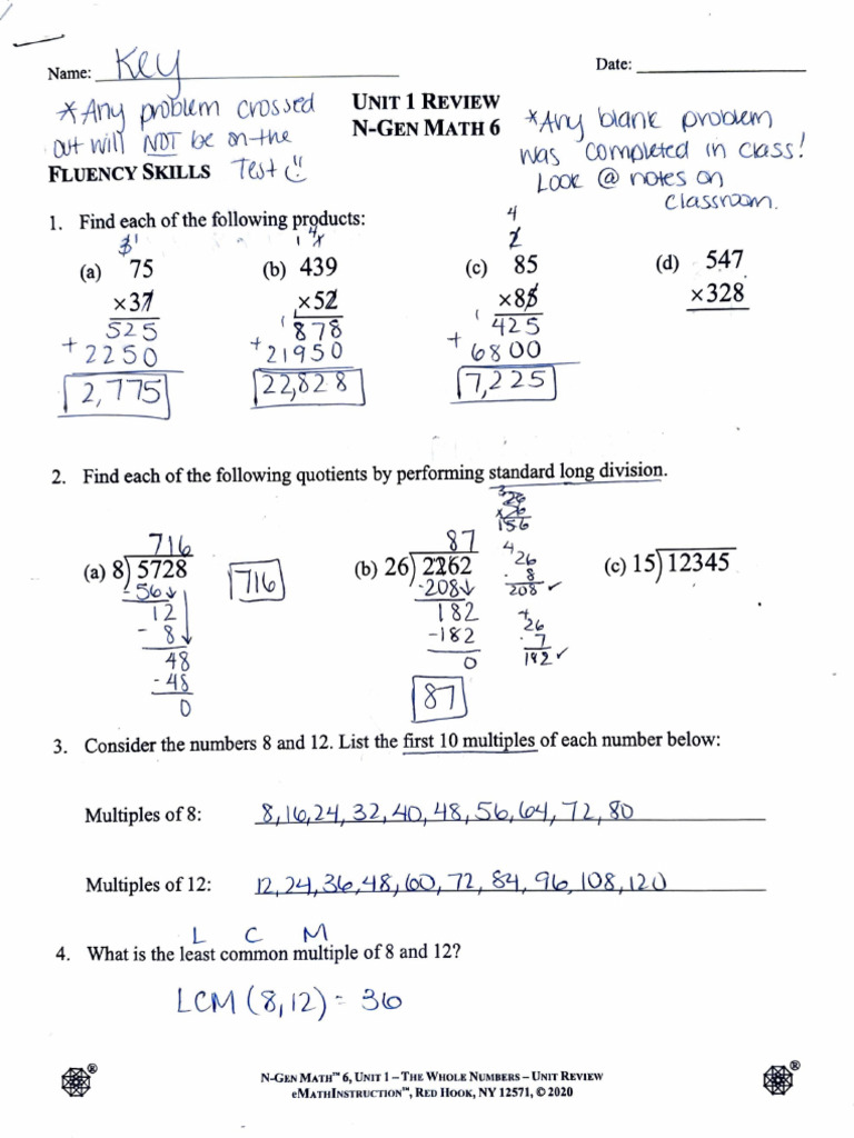 N-Gen Math 6 Unit 1 Answer Key | PDF