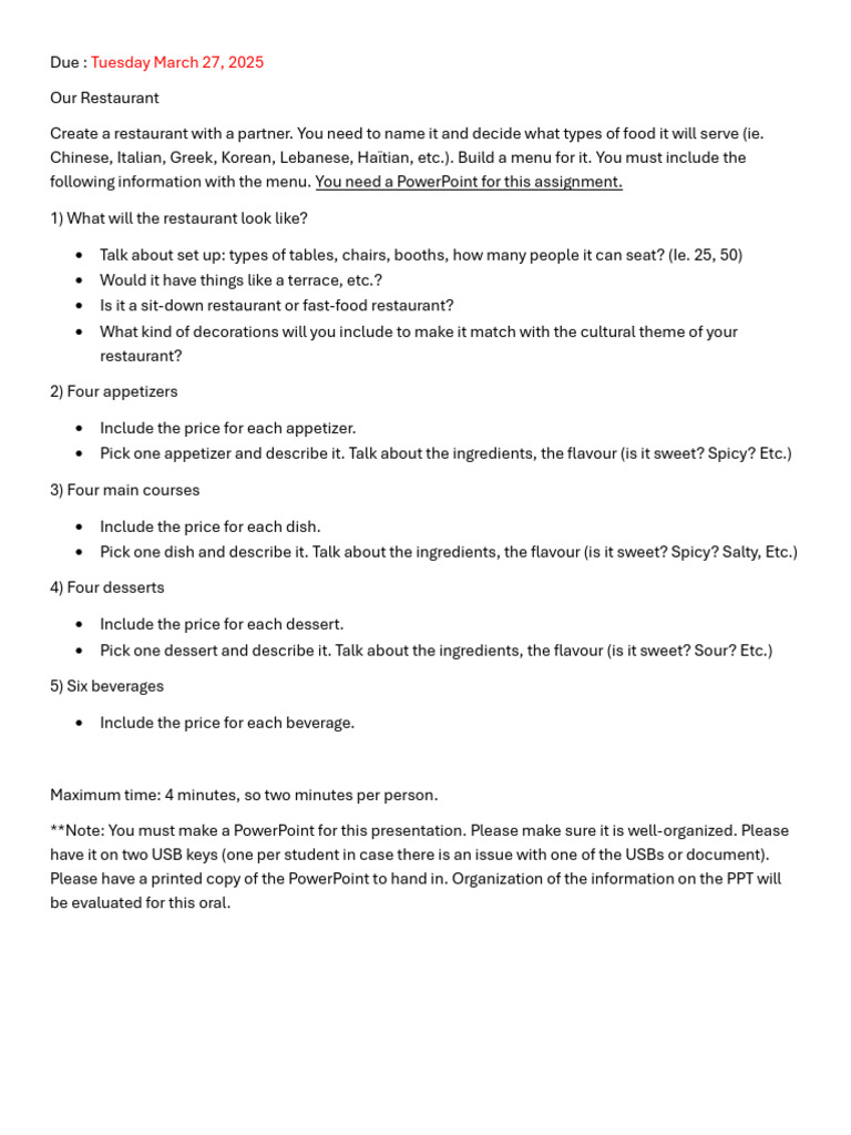Restaurant Project Guidelines | PDF