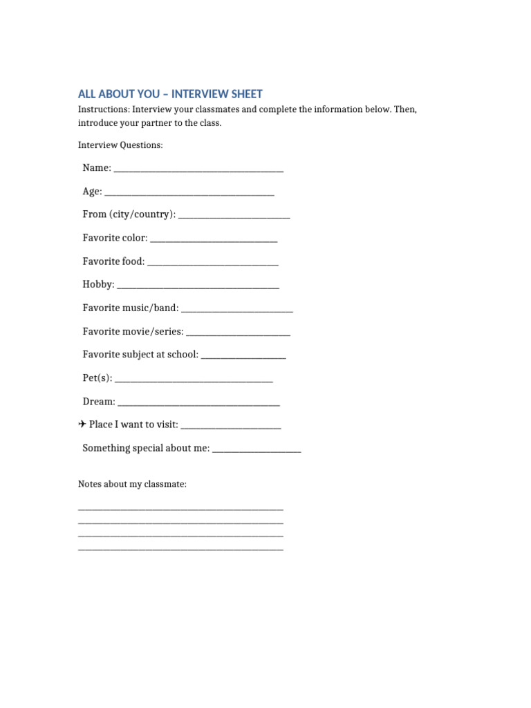 Classmate Interview Sheet Template | PDF