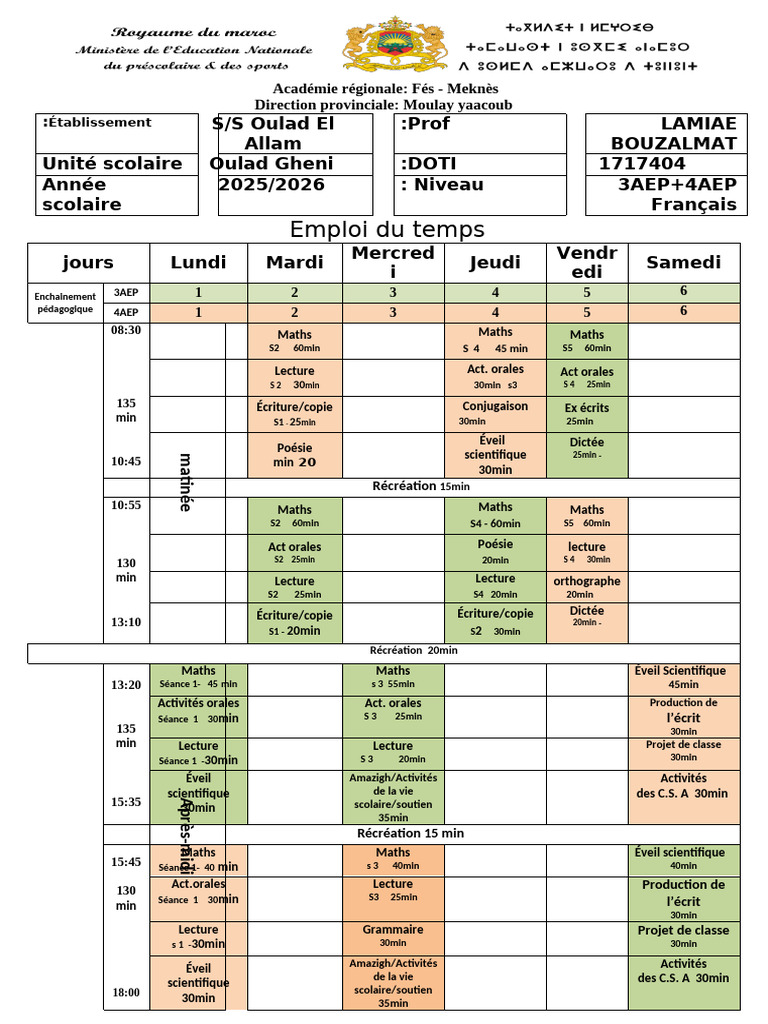 Emploi du temps 2025/2026 Oulad Gheni | PDF