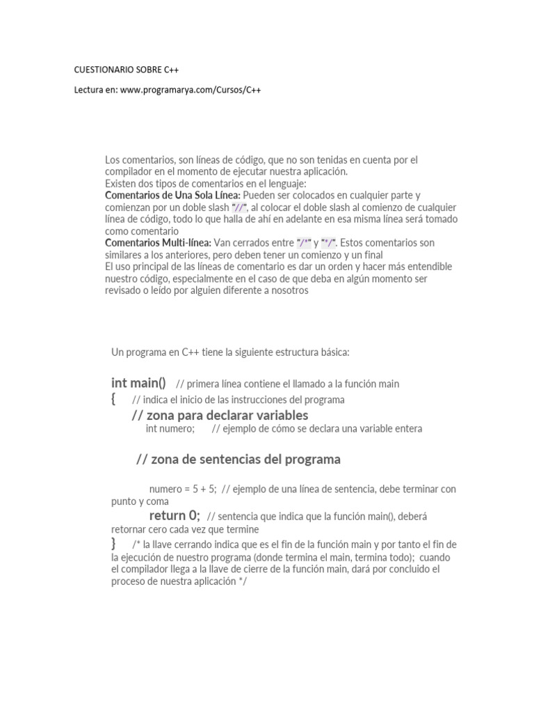 Cuestionario de C++: Fundamentos y Sintaxis | PDF | C ++ | Paradigmas ...