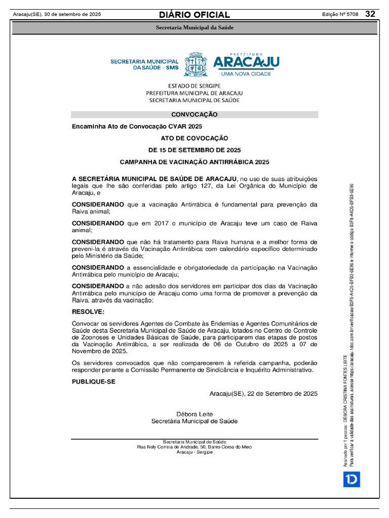 Diário Oficial da Saúde - Aracaju 2025 | PDF