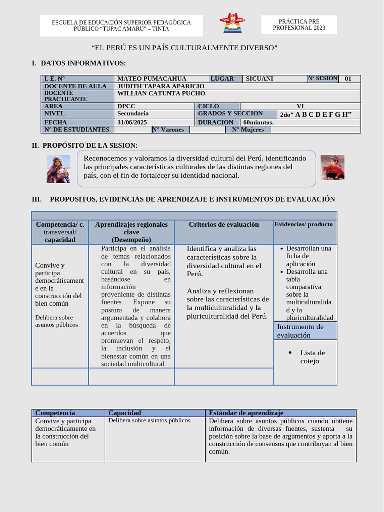 Diversidad Cultural en el Perú: Sesión Educativa | PDF | Maestros ...
