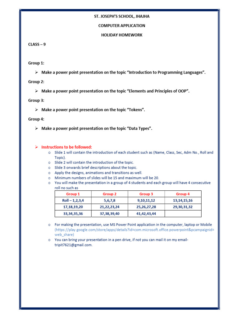 Class 9 Holiday Homework: PowerPoint Tasks | PDF