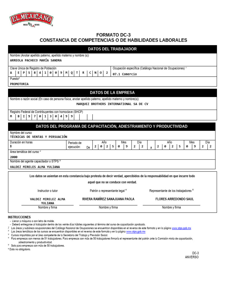 Formato DC-3 Editable en Word | PDF