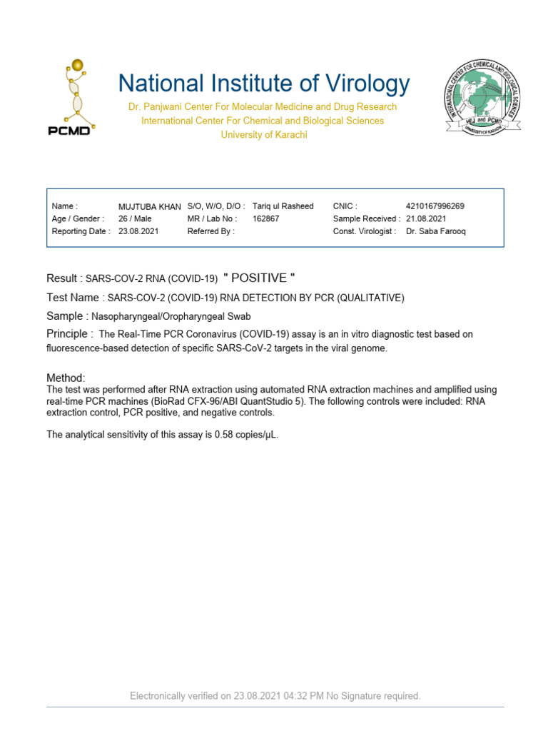 COVID-19 PCR Test Result Report | PDF