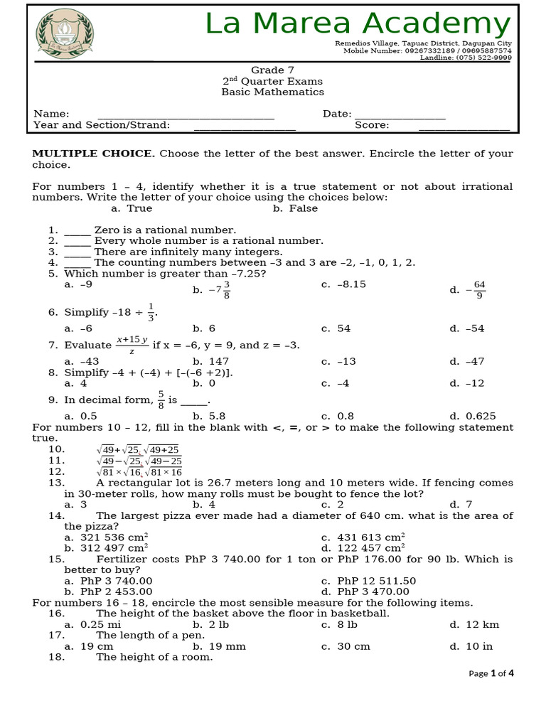 Grade 7 Basic Mathematics Exam | PDF | Area | Numbers