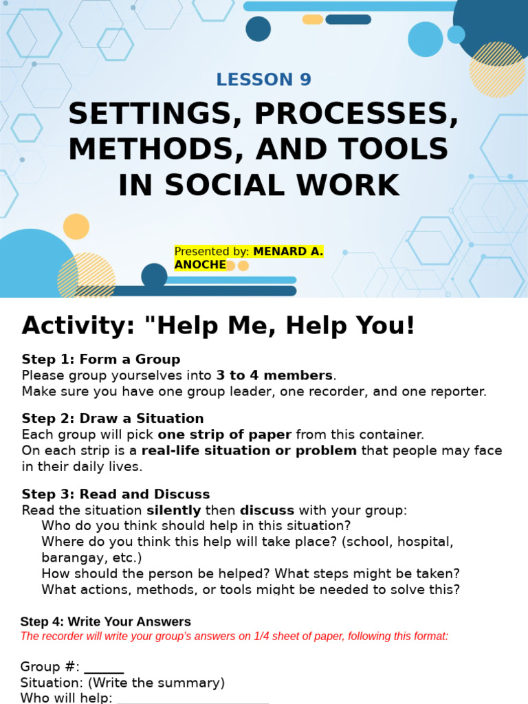 LESSON 9 - Settings, Processes, Methods, and Tools in Social Work | PDF ...