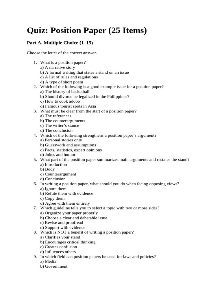 Position Paper Quiz: 25 Questions | PDF | Credibility