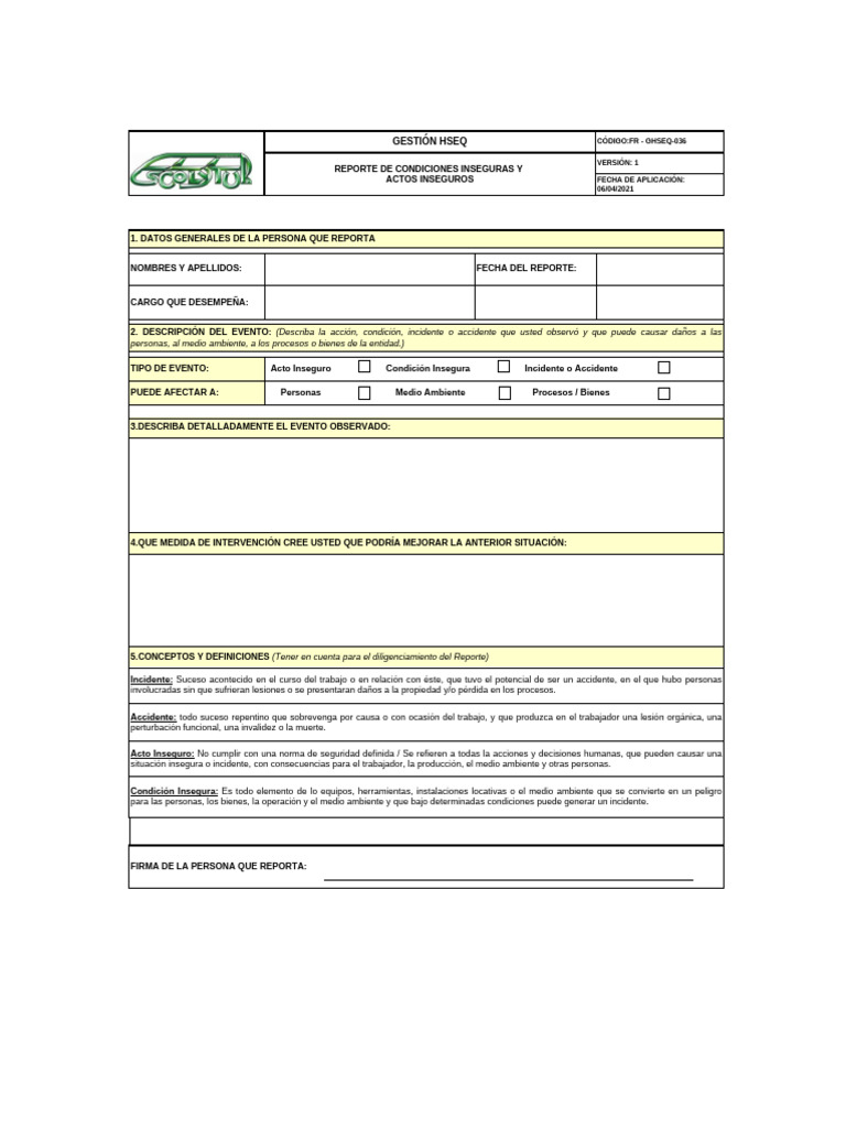 Fr-Ghseq-036 Reporte de Condiciones Inseguras y Actos Inseguros | PDF