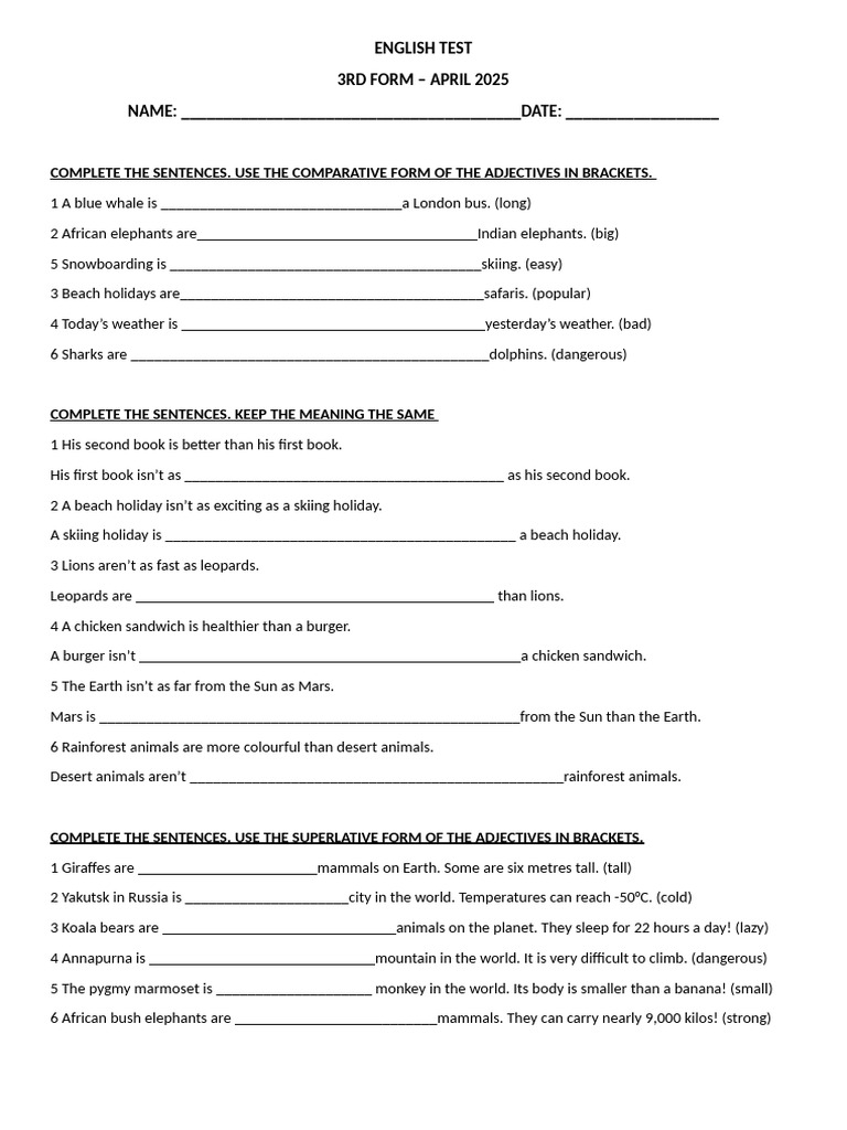 English Test: Comparative & Superlative Adjectives | PDF