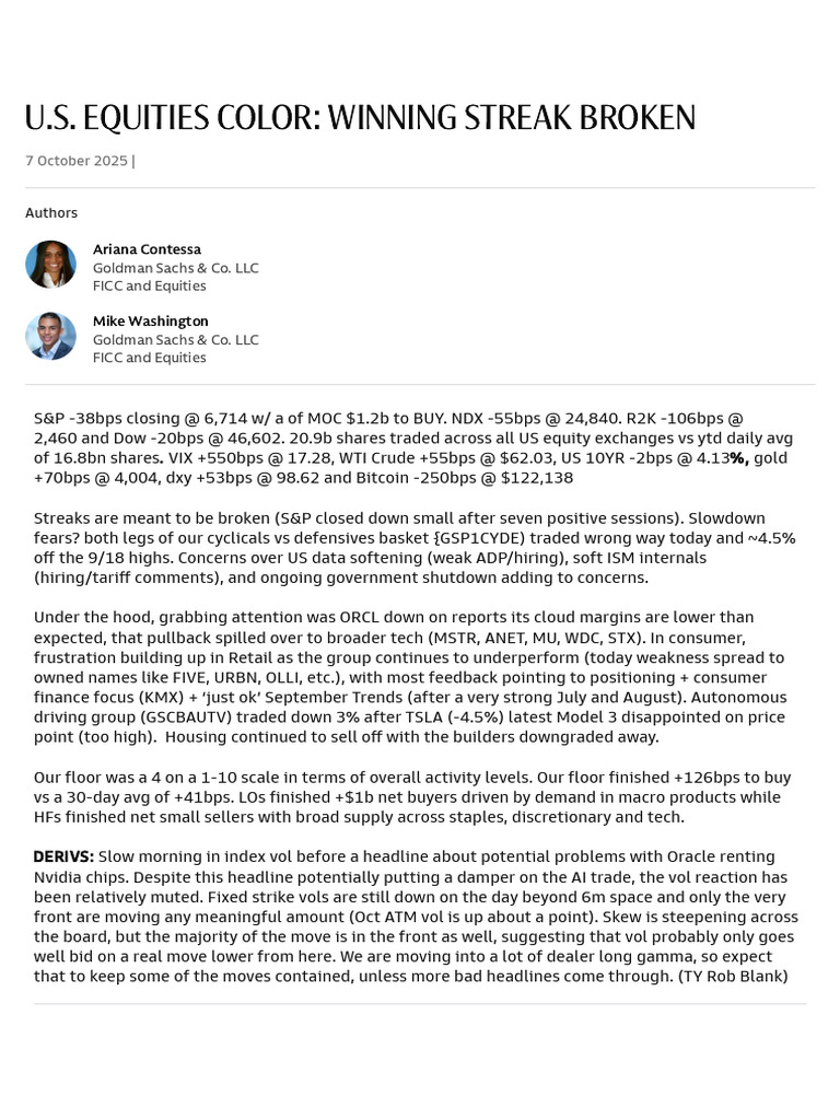 U.S. Equities Color - Winning Streak Broken | PDF | Securities (Finance) |  Goldman Sachs