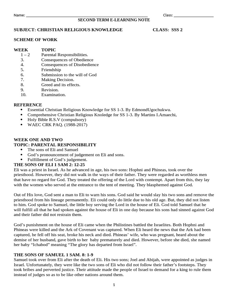 SSS 2 Christian Religious Knowledge Notes | PDF | Saul | David