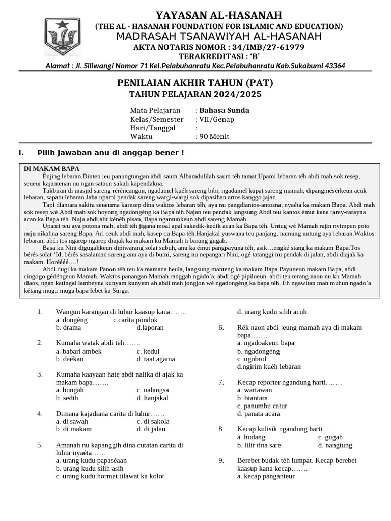 Soal Bahasa Sunda Kelas 7 Semester 2 Dan Kunci Jawaban Pdf