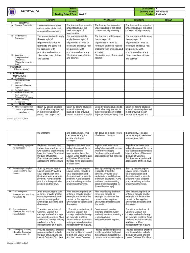 Trigonometry Lesson Plan for Grade 9 | PDF | Trigonometry ...