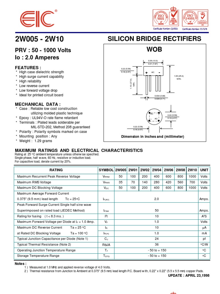 Silicon Bridge Rectifiers 2W005-2W10 Specs | PDF | Rectifier | Diode