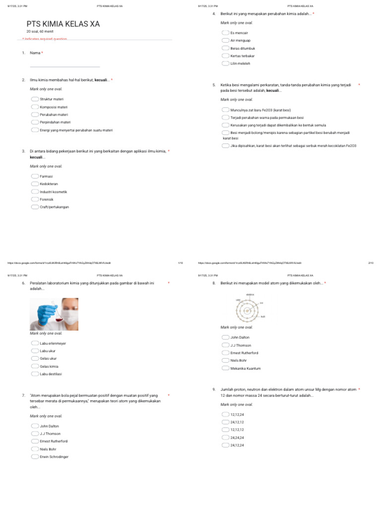 PTS ULANG KIMIA XA GJ25 - Google Forms | PDF