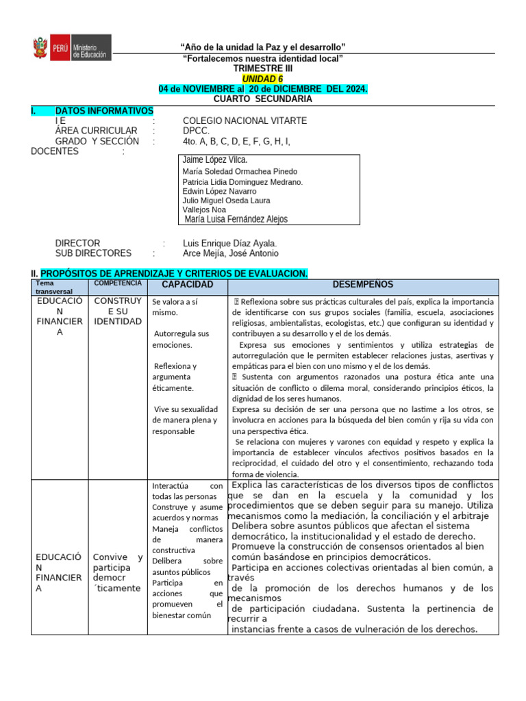 Unidad 6 - DPCC - 4° Grado. | PDF | Aprendizaje | Derechos humanos